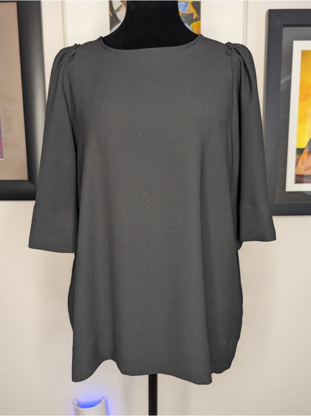 Who What Wear Black Crewneck Tunic with Pleated Shoulder Detail